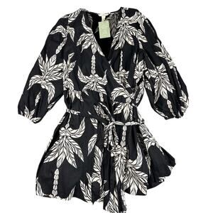 H&M Black and White Floral Wrap Dress with Long Puff Sleeves